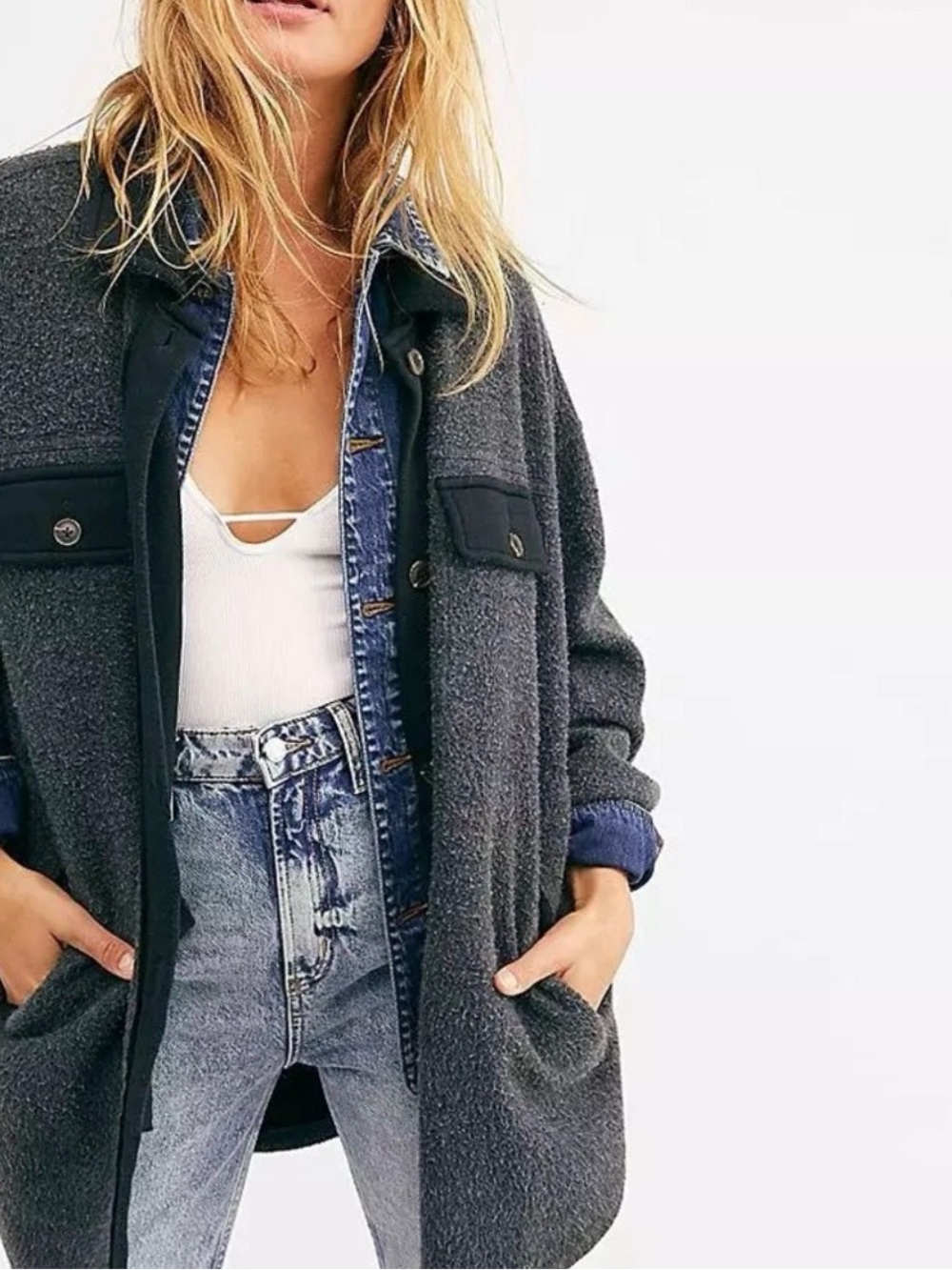 Free People Ruby Reverse Fleece Grey Black Button Front Shacket Shirt Jacket